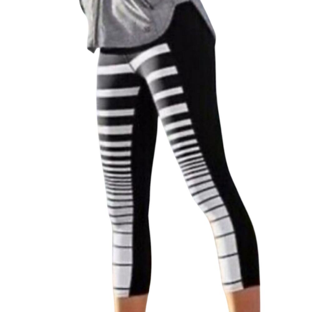 Athleta Sonar Capri Leggings Black Front White Striped Women's Size XXS